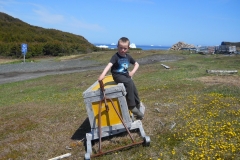 Junge auf Schlitten für Holzscheite (Neufundland)